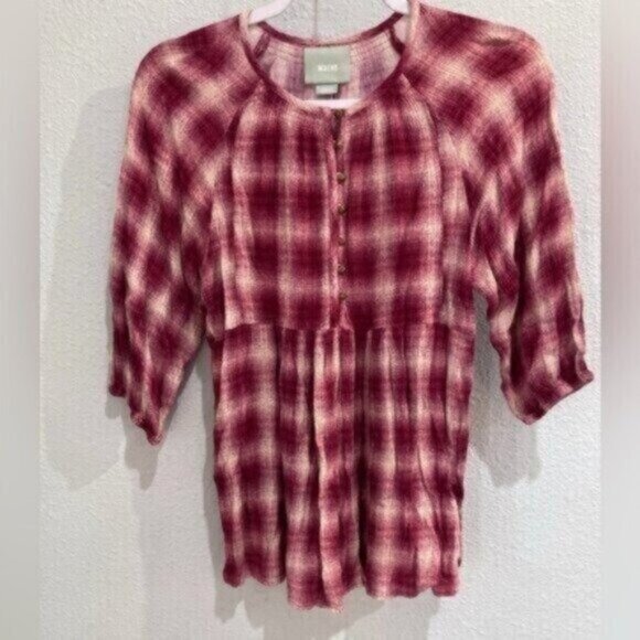 Anthropologie Plaid Button Top Shabby Chic Boho Half Sleeve Fall Cottagecore - Picture 1 of 6